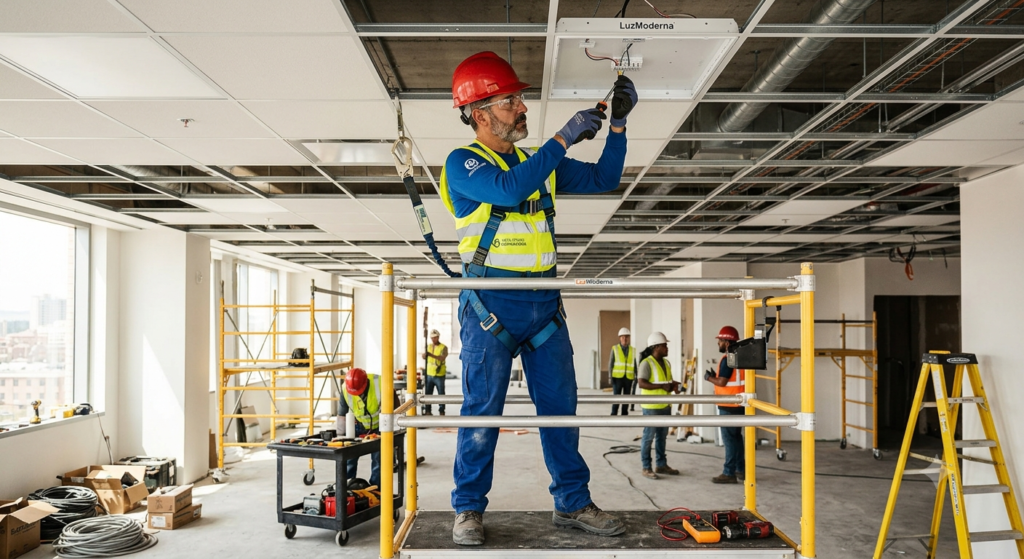 trabajador con epis instalando una luz.