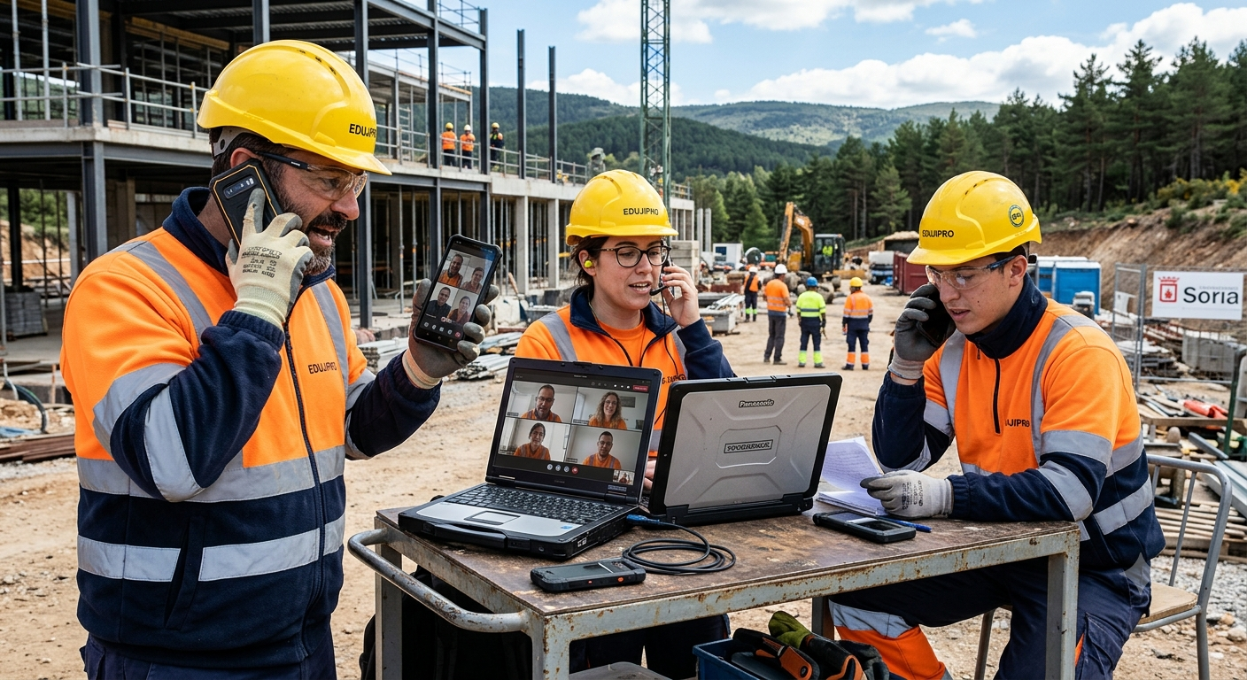 trabajadores de la construccion usando telefonos y ordenadores.